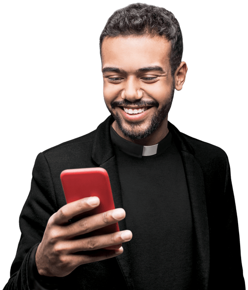 priest holding red phone
