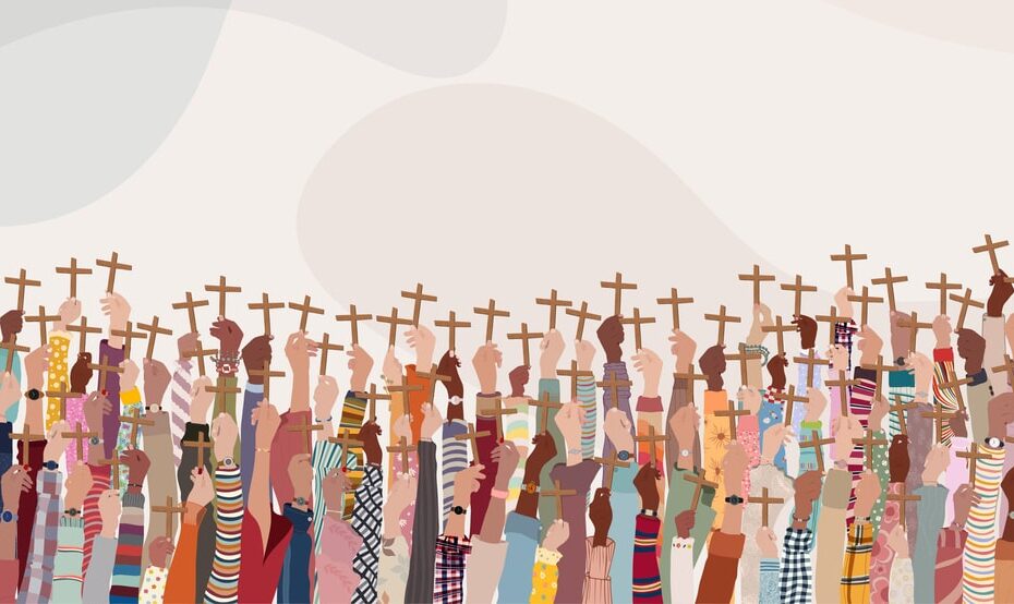 people of different ethnicities raising crosses