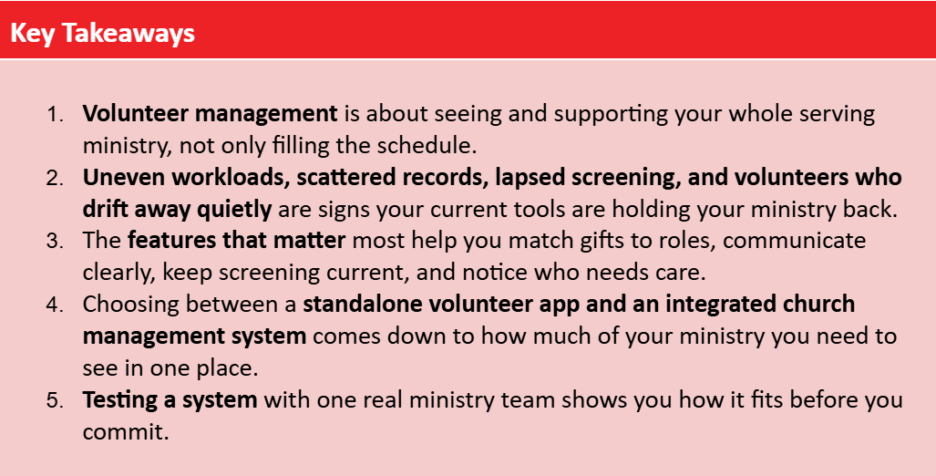 Church volunteer management software key takeaways