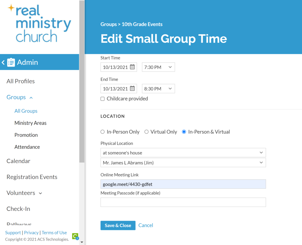 church virtual meeting and events